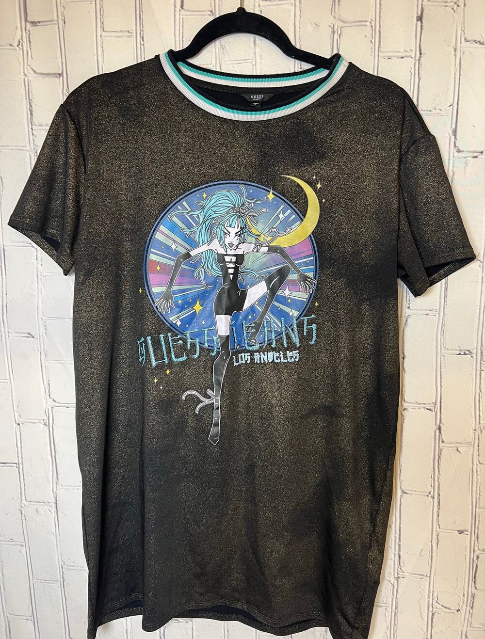 GUESS Los Angeles Mens Small Celestial Anime Graphic Tee Black Y2K